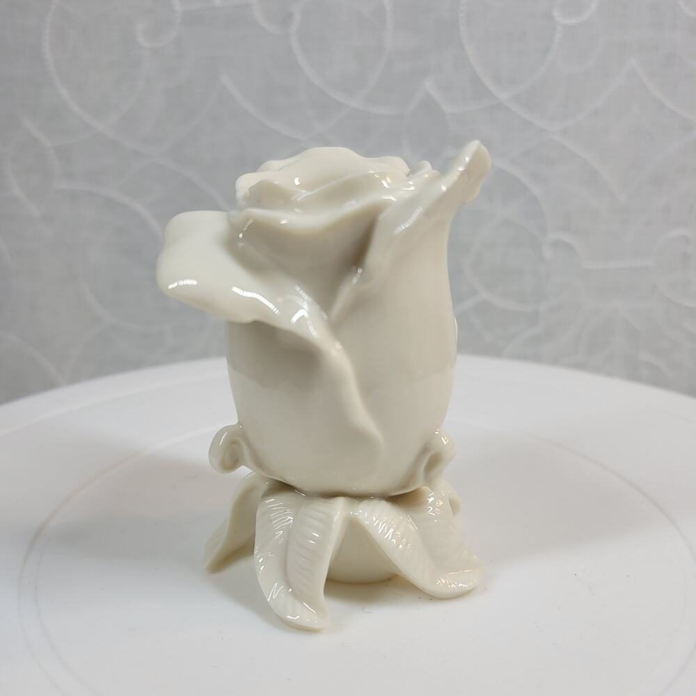 Vintage Lenox White Rose Bud Ceramic Candlestick 3" Ivory Glossy Candle Holder